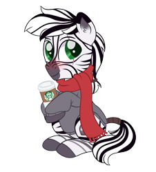 Size: 1127x1247 | Tagged: safe, artist:ashidaii, oc, oc only, oc:palatinatus clypeus, pony, zebra, blushing, clothes, coffee, colored pupils, cute, ear fluff, eye scar, looking at you, male, scar, scarf, simple background, sitting, smiling, solo, stallion, starbucks, sweater, tail wrap, transparent background, zebra oc