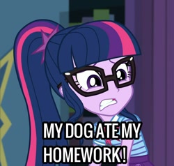 Size: 1128x1073 | Tagged: safe, edit, edited screencap, screencap, sci-twi, twilight sparkle, equestria girls, g4, my little pony equestria girls: better together, star crossed, caption, image macro, implied spike, meme, solo, text, this will end in detention, this will end in tears