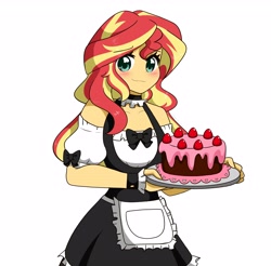 Size: 4096x4028 | Tagged: safe, artist:kittyrosie, sunset shimmer, equestria girls, blushing, cake, clothes, cute, digital art, female, food, maid, shimmerbetes, simple background, smiling, solo
