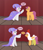 Size: 7014x8171 | Tagged: safe, artist:calibykitty, scootaloo, sweetie belle, pegasus, pony, unicorn, g4, absurd resolution, animal costume, cape, chicken suit, clothes, colored lineart, colored pupils, commission, costume, dialogue, hat, magic act, magic trick, magician outfit, scootachicken, simple background, speech bubble, stage, stage light, standing on two hooves, trixie's cape, trixie's hat