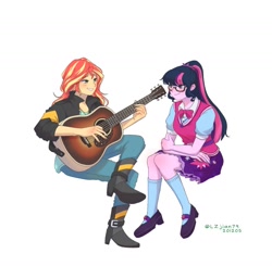Size: 1409x1380 | Tagged: safe, alternate version, artist:lzjian79, sci-twi, sunset shimmer, twilight sparkle, equestria girls, g4, clothes, female, glasses, guitar, lesbian, musical instrument, sci-twi outfits, ship:sci-twishimmer, ship:sunsetsparkle, shipping, socks