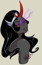 Size: 1031x1567 | Tagged: safe, artist:skuttz, king sombra, umbrum, unicorn, anthro, g4, bust, dark magic, implied nudity, looking at you, magic, portrait, queen umbra, rule 63, signature, simple background, solo, sombra eyes