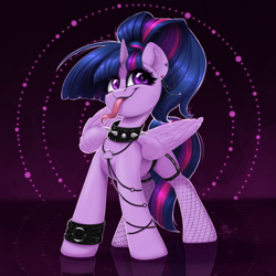 Size: 2048x2048 | Tagged: safe, artist:amishy, twilight sparkle, alicorn, pony, g4, alternate hairstyle, chains, collar, cute, cute little fangs, ear piercing, earring, fangs, female, fishnet stockings, high res, jewelry, long tongue, mare, piercing, punk, signature, solo, spiked collar, tongue out, twiabetes, twilight sparkle (alicorn), wristband