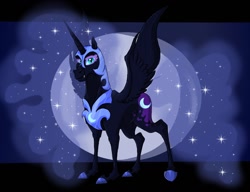 Size: 1300x1000 | Tagged: safe, artist:batrina, nightmare moon, alicorn, pony, g4, ethereal mane, ethereal tail, fangs, female, full moon, mare, moon, smiling, solo