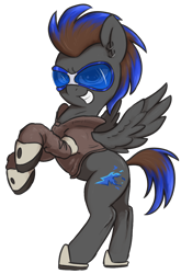 Size: 830x1260 | Tagged: safe, artist:t72b, oc, oc only, oc:blue flare, pegasus, pony, 2021 community collab, derpibooru community collaboration, boots, clothes, coat, ear piercing, earring, grin, jewelry, male, piercing, rearing, shoes, simple background, smiling, solo, stallion, sunglasses, transparent background
