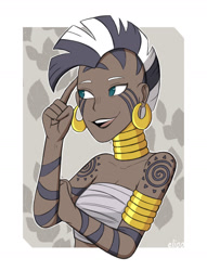 Size: 1286x1685 | Tagged: safe, artist:elioo, zecora, human, g4, 2021, bust, clothes, cutie mark on human, dark skin, ear piercing, earring, female, humanized, jewelry, neck rings, piercing, portrait, smiling, solo, stripes