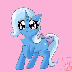 Size: 2362x2362 | Tagged: safe, artist:jubyskylines, trixie, pony, unicorn, bow, chest fluff, cute, diatrixes, female, hoof on chest, mare, smiling, tail bow, weapons-grade cute