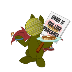 Size: 2048x2048 | Tagged: safe, artist:zoness, oc, oc only, oc:zoness, original species, planet pony, pony, 2021 community collab, derpibooru community collaboration, food, fork, high res, male, maple syrup, pancakes, sign, simple background, sitting, solo, spread wings, transparent background, wings