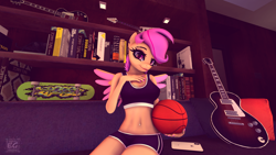 Size: 1920x1080 | Tagged: safe, artist:elektra-gertly, scootaloo, pegasus, anthro, g4, 3d, ball, basketball, belly button, belly piercing, bellyring, book, bookshelf, cellphone, clothes, couch, eyeshadow, female, guitar, hand on chest, indoors, iphone, looking at you, makeup, mascara, musical instrument, phone, piercing, room, sexy, shelf, shorts, sitting, skateboard, smartphone, smiling, solo, source filmmaker, sports, sports bra, sports shorts, wings