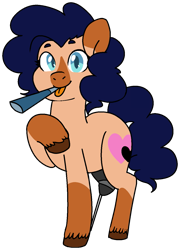 Size: 957x1326 | Tagged: safe, artist:/d/non, oc, oc only, oc:heartspring, earth pony, pony, 2021 community collab, derpibooru community collaboration, amputee, chubby, coat markings, curly hair, party horn, simple background, socks (coat markings), solo, tongue out, transparent background, unshorn fetlocks
