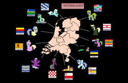 Size: 2924x1900 | Tagged: safe, artist:parclytaxel, edit, oc, earth pony, merpony, pegasus, pony, unicorn, carriage, drenthe, flag, flevoland, friesland, gelderland, grin, groningen, limburg, lounging, map, nation ponies, netherlands, north brabant, north holland, overijssel, ponies as regions, ponified, province, province pony, provinciepaarden, raised eyebrow, raised hoof, sitting, smiling, south holland, spread wings, utrecht, water, wings, zeeland, zeewolde