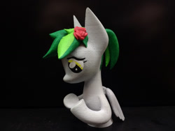 Size: 1024x768 | Tagged: safe, artist:mraagh, oc, oc only, oc:sorunome, pegasus, pony, 3d, 3d print, black background, clothes, cute, eyes open, female, figure, figurine, flower, flower in hair, gray coat, green mane, irl, looking down, mare, multicolored hair, multicolored mane, painted, photo, ponytail, profile, shadow, short mane, simple background, socks, solo, spiky mane, squatting, standing, statue, yellow eyes