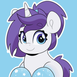 Size: 2000x2000 | Tagged: safe, artist:partypievt, oc, oc:indigo wire, pony, unicorn, animated, anime eyes, anime style, blinking, blue background, eye clipping through hair, eyebrows, eyebrows visible through hair, gif, gradient hooves, high res, looking at you, ponytail, simple background, smiling, solo, wingding eyes