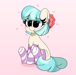 Size: 4096x4028 | Tagged: safe, artist:kittyrosie, coco pommel, earth pony, pony, g4, absurd resolution, blushing, clothes, cocobetes, cute, eye clipping through hair, female, heart, mare, pink background, simple background, sitting, smiling, socks, solo, striped socks