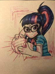 Size: 1536x2048 | Tagged: artist needed, source needed, safe, sci-twi, twilight sparkle, equestria girls, g4, dodgeball, solo, sports, traditional art, volleyball