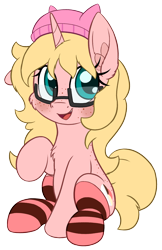 Size: 1100x1700 | Tagged: safe, artist:litrojia, derpibooru exclusive, oc, oc only, oc:mille feuille, pony, unicorn, 2021 community collab, derpibooru community collaboration, back freckles, blushing, cheek fluff, chest fluff, chubby, clothes, ear fluff, female, floppy ears, freckles, glasses, hat, looking at you, mare, one ear down, open mouth, raised hoof, simple background, sitting, smiling, socks, solo, striped socks, transparent background