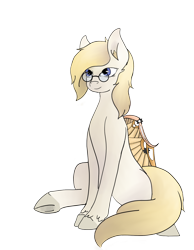 Size: 1400x1800 | Tagged: safe, artist:inanimatelotus, oc, oc:gizmo gears, pegasus, pony, 2021 community collab, derpibooru community collaboration, glasses, pegasus oc, prosthetics, simple background, sitting, transparent background, wings