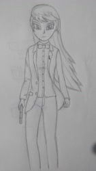 Size: 2988x5312 | Tagged: safe, artist:cobra0281, octavia melody, human, g4, clothes, female, frown, grayscale, gun, handgun, high res, humanized, john wick, monochrome, pencil drawing, photo, solo, suit, traditional art, weapon