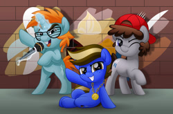 Size: 800x528 | Tagged: safe, artist:jhayarr23, snips, truffle shuffle, oc, oc:fudge cookie, pony, unicorn, g4, aura, backwards ballcap, baseball cap, bipedal, cap, colt, hat, jewelry, magic, male, medallion, microphone, necklace