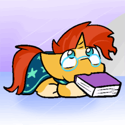 Size: 250x250 | Tagged: safe, artist:zutcha, sunburst, pony, unicorn, g4, animated, bibliovore, blaze (coat marking), book, bookhorse, clothes, coat markings, cute, facial markings, gif, glasses, looking up, lying down, male, nom, robe, socks (coat markings), solo, stallion, sunbetes, sunburst's cloak, sunburst's glasses, that pony sure does love books