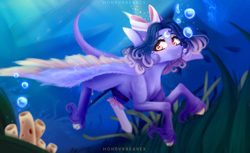 Size: 3280x2010 | Tagged: safe, artist:honeybbear, oc, oc only, jellyfish, pegasus, pony, bubble, colored pupils, colored wings, crepuscular rays, eyelashes, female, flowing mane, high res, mare, ribbon, smiling, solo, sponge, sunlight, swimming, tail, underwater, unshorn fetlocks, water, wings