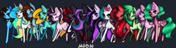 Size: 2048x564 | Tagged: safe, artist:moon, oc, oc only, oc:animelodie, oc:bella voce, oc:caitbug, oc:curse word, oc:emogak, oc:magpie, oc:mezma, oc:obabscribbler, oc:party blossom, oc:pinkie rose, oc:quirky craft, oc:sunlestia, oc:thelostnarrator, oc:vanna melon, pony