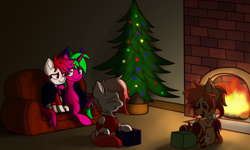 Size: 2500x1500 | Tagged: safe, artist:memeancholy, oc, oc:cinnamon, oc:deepest apologies, oc:koolaid poptart, oc:skrrah, christmas, christmas tree, clothes, couch, fire, fireplace, holiday, present, socks, striped socks, tree