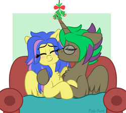 Size: 2450x2200 | Tagged: safe, artist:pink-pone, oc, oc only, alicorn, pegasus, pony, cuddling, female, glasses, high res, kissing, mare, mistleholly, snuggling