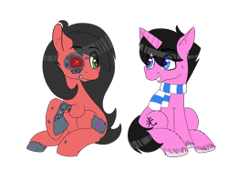 Size: 6700x5000 | Tagged: safe, artist:prince_skylight, oc, oc only, oc:mp7, oc:skylight sparkle, pony, robot, robot pony, unicorn, 2021 community collab, derpibooru community collaboration, clothes, duo, grin, looking at each other, scarf, simple background, sitting, smiling, striped scarf, transparent background, unshorn fetlocks