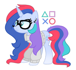 Size: 1401x1286 | Tagged: safe, artist:leaficun3, oc, oc only, pony, unicorn, clothes, female, glasses, mare, playstation, simple background, solo, sweater, transparent background