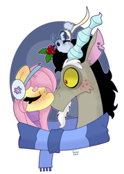 Size: 1940x2714 | Tagged: safe, artist:opossum-stuff, discord, fluttershy, winterchilla, g4, beanbrows, clothes, duo, earmuffs, eyebrows, eyes closed, female, holly, holly mistaken for mistletoe, kissing, male, scarf, shared clothing, shared scarf, simple background, white background
