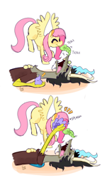 Size: 1904x3150 | Tagged: safe, artist:opossum-stuff, discord, fluttershy, draconequus, pegasus, pony, g4, comic, fail, female, leaf, male, mouth hold, open mouth, prank, prank gone wrong, ship:discoshy, shipping, sleeping, smiling, straight, tickling, tongue out