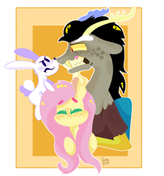 Size: 2358x2543 | Tagged: safe, artist:opossum-stuff, angel bunny, discord, fluttershy, draconequus, pegasus, pony, rabbit, g4, animal, high res, jealous, teeth