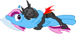 Size: 1280x590 | Tagged: safe, artist:tobythechangeling, oc, oc only, oc:parcly taxel, oc:tobythechangeling, alicorn, changeling, pony, alicorn oc, cuddling, female, horn, lying down, mare, on back, orange changeling, pillow, simple background, transparent background, wings