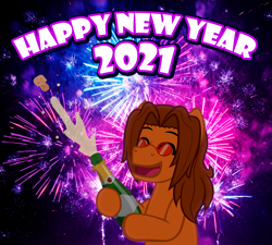 Size: 1280x1154 | Tagged: safe, artist:aha-mccoy, oc, oc only, oc:aha mclovin, pegasus, pony, nopony-ask-mclovin, alcohol, champagne, eyes closed, fireworks, happy new year, happy new year 2021, holiday, male, new year, solo, stallion, sunglasses, wine