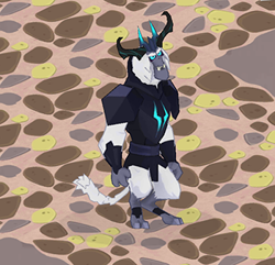 Size: 350x337 | Tagged: safe, gameloft, screencap, storm king, g4, my little pony: the movie, antagonist, armor, cropped, crown, fangs, horns, jewelry, regalia, smiling, storm king's emblem, tail