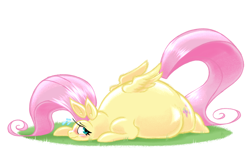 Size: 1800x1080 | Tagged: dead source, safe, artist:strawberrytir4misu, fluttershy, pegasus, pony, g4, belly, big belly, blushing, fat, fattershy, female, lying down, mare, prone, simple background, solo, white background, ych example, your character here
