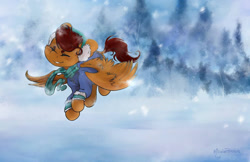Size: 1024x663 | Tagged: safe, artist:midnightpremiere, oc, oc only, oc:sparrow, pegasus, pony, clothes, commission, dock, earmuffs, eyes closed, flying, jacket, scarf, scenery, smiling, snow, solo, spread wings, wings, winter