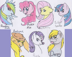 Size: 1024x825 | Tagged: safe, artist:aurorastar1, applejack, derpy hooves, fluttershy, pinkie pie, rainbow dash, rarity, twilight sparkle, earth pony, pegasus, pony, unicorn, g4, bust, eye clipping through hair, grin, index card, looking at you, mane six, portrait, smiling, tongue out, traditional art