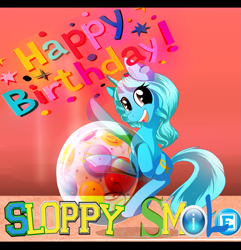 Size: 2405x2494 | Tagged: safe, artist:n-steisha25, oc, oc only, oc:sloppy smile, pony, unicorn, eye clipping through hair, female, happy birthday, high res, mare, solo