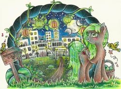 Size: 800x593 | Tagged: safe, artist:singyoursong13, oc, oc only, oc:watermelon splash, pony, city, complex background, food, solo, traditional art, watermelon