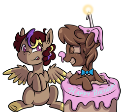 Size: 763x697 | Tagged: safe, artist:transformartive, oc, oc:choco, oc:hors, birthday cake, cake, candle, food