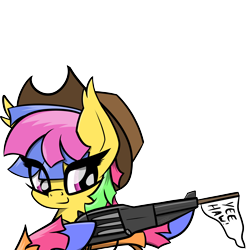 Size: 4500x4500 | Tagged: safe, artist:flywheel, oc, oc only, oc:fiesta, pony, cowboy hat, gun, hat, iawtc, mascot, simple background, solo, transparent background, weapon