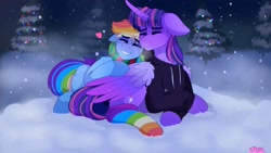 Size: 3840x2160 | Tagged: safe, artist:aaa-its-spook, rainbow dash, twilight sparkle, alicorn, pegasus, pony, g4, blouse, christmas, christmas tree, clothes, eyes closed, female, high res, holiday, hug, lesbian, mare, rainbow socks, ship:twidash, shipping, snow, snowfall, socks, striped socks, tree, twilight sparkle (alicorn), winter