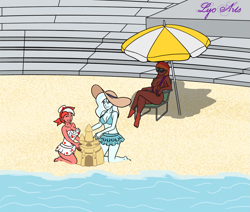 Size: 1419x1202 | Tagged: safe, artist:linedraweer, oc, oc only, oc:aroma mend, oc:crystal frigid, oc:firebolt blaze, equestria girls, g4, beach, clothes, commission, female, hat, one-piece swimsuit, petite, sandcastle, sun bathing, sun hat, sunglasses, swimsuit, umbrella, water