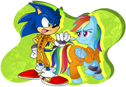 Size: 1280x879 | Tagged: safe, artist:pinkandorangesunset, rainbow dash, g4, bound wings, chained, clothes, cuffs, male, prison outfit, prisoner rd, sonic the hedgehog, sonic the hedgehog (series), wings