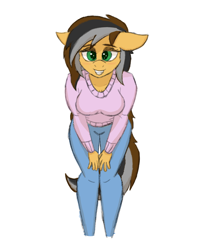 Size: 1250x1550 | Tagged: safe, artist:sufficient, oc, oc only, oc:steaming stove, anthro, bedroom eyes, breasts, clothes, jeans, leaning forward, pants, simple background, smiling at you, sweater, white background