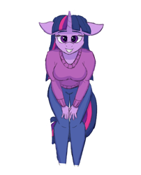 Size: 1250x1550 | Tagged: safe, artist:sufficient, edit, twilight sparkle, unicorn, anthro, g4, bedroom eyes, breasts, busty twilight sparkle, clothes, jeans, leaning forward, pants, simple background, smiling at you, solo, sweater, unicorn twilight, white background