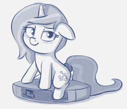 Size: 838x713 | Tagged: safe, artist:heretichesh, oc, oc:zew, pony, robot, unicorn, blushing, female, filly, ponies riding roombas, riding, roomba, smug, tail wrap