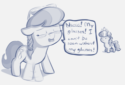Size: 1159x785 | Tagged: safe, artist:heretichesh, diamond tiara, silver spoon, earth pony, pony, g4, blushing, dialogue, diamond tiara is not amused, duo, eyes closed, female, filly, floppy ears, glasses, jewelry, johnny bravo, missing accessory, monochrome, oh no, open mouth, speech bubble, text, tiara